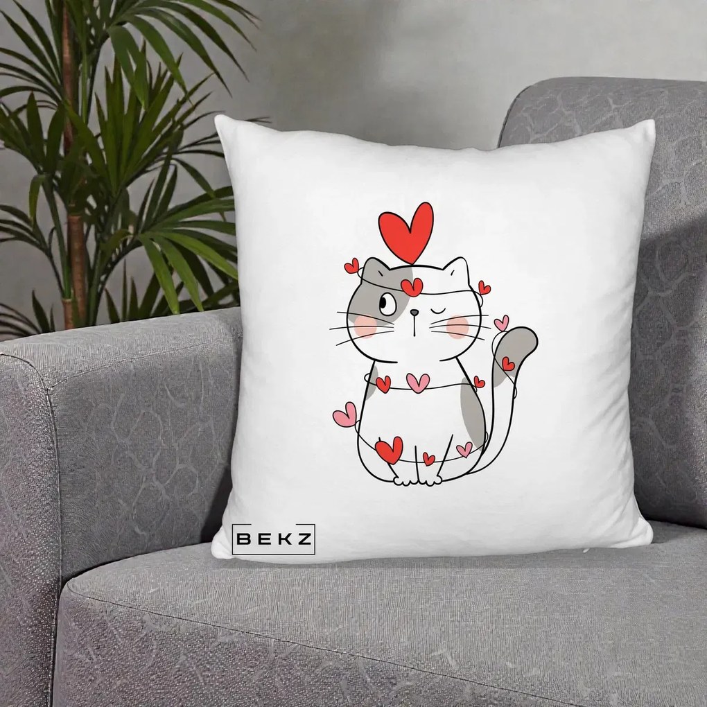 Perna Decorativa Pisica Kawaii cu Inimi, 40x40 cm, Alb Pufos, Husa Detasabila, Perna Inclusa, BEKZ®