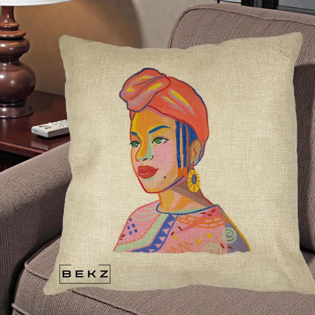 Perna Decorativa Portret Femeie Africana, 40x40 cm, Crem, Husa Detasabila, Perna Inclusa, BEKZ®