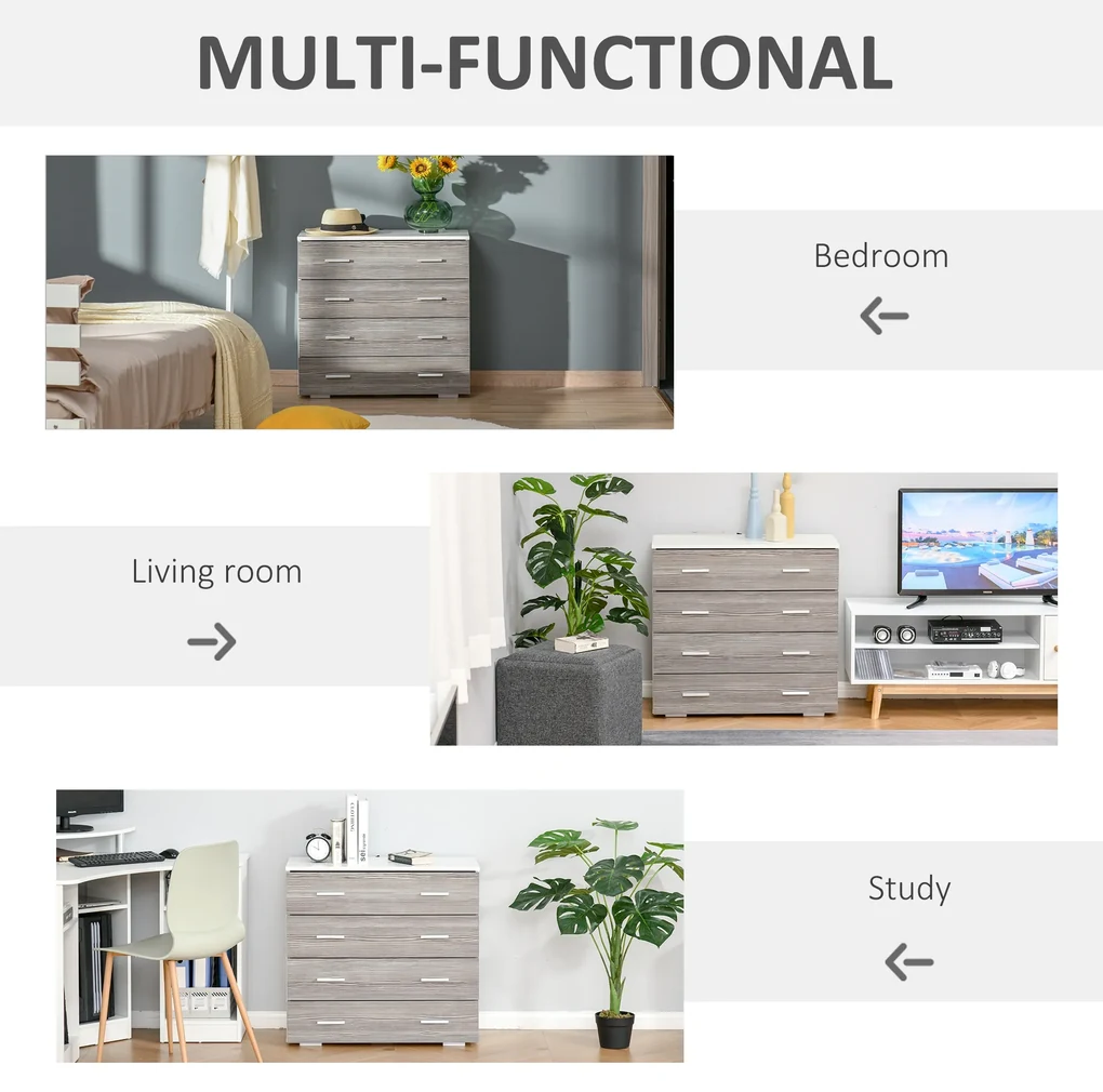 HOMCOM Comodă Modernă cu 4 Sertare, Manere din Aluminiu, Structură din Lemn, 76x35x72 cm, Alb și Gri | Aosom Romania