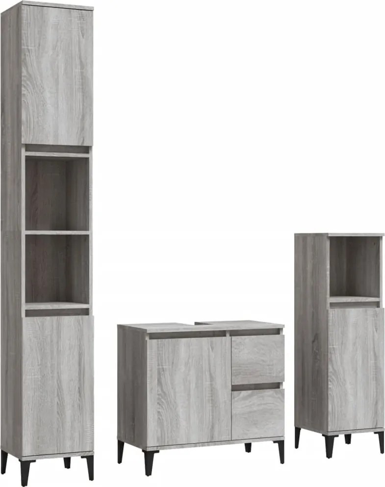 vidaXL Set dulapuri de baie, 3 piese, gri sonoma, lemn prelucrat