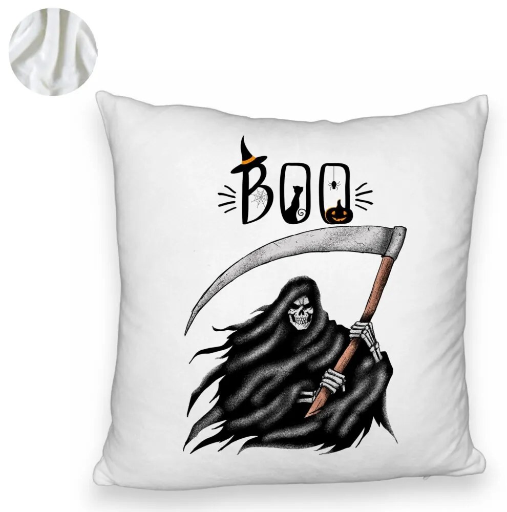 Perna Decorativa Fluffy cu motiv The Grim Reaper, de Halloween, 40x40 cm, Alba, Husa Detasabila, Burduf