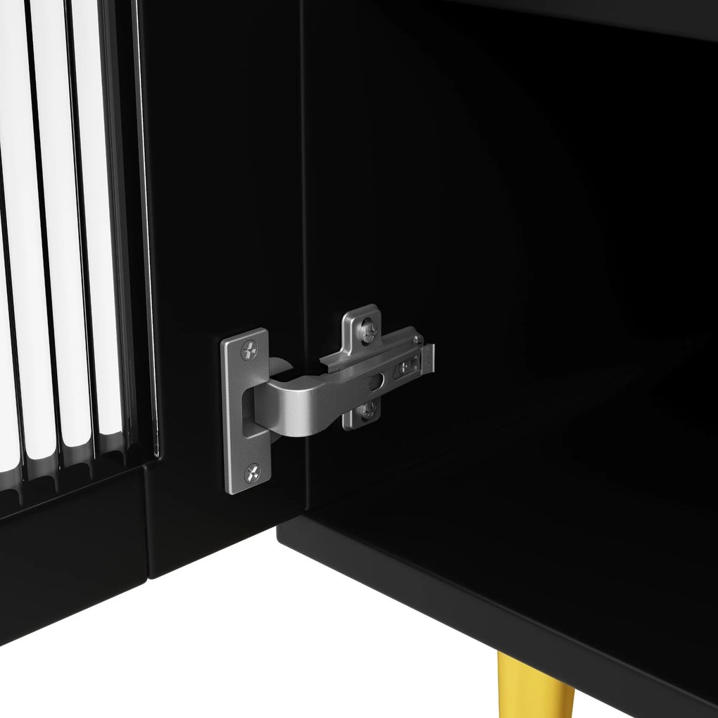 Dulap înalt pentru sufragerie, cu uși cu geam perforat, decor auriu și spațiu mare de depozitare pe mai multe niveluri, 145x39x171 cm, Negru