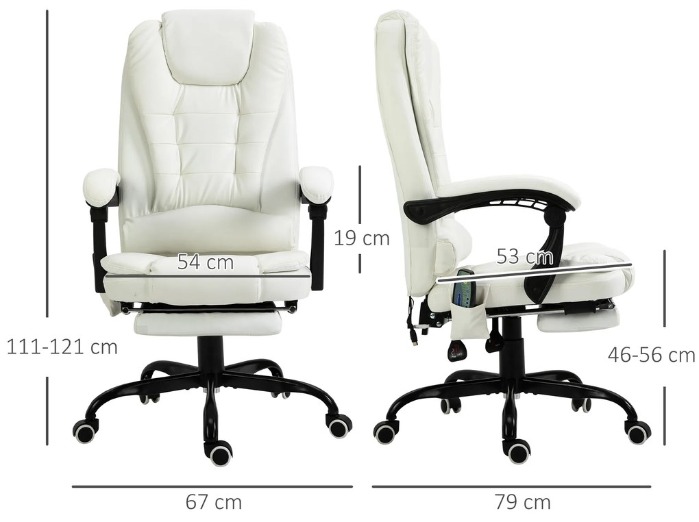 Vinsetto Scaun de birou de masaj, scaun de birou, scaun ergonomic cu înălțime reglabilă, spătar inclinabil și telecomandă cu fir, suport pentru picioare retractabil și pivotant la 360°, alb | Aosom Romania