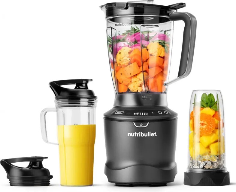 Blender Nutribullet Smart Sense 1500 Combo NBF550DG, 1500 W, 1,8 l, 5 viteze, Adaptare inteligenta a vitezei, Fara BPA, Negru/Gri