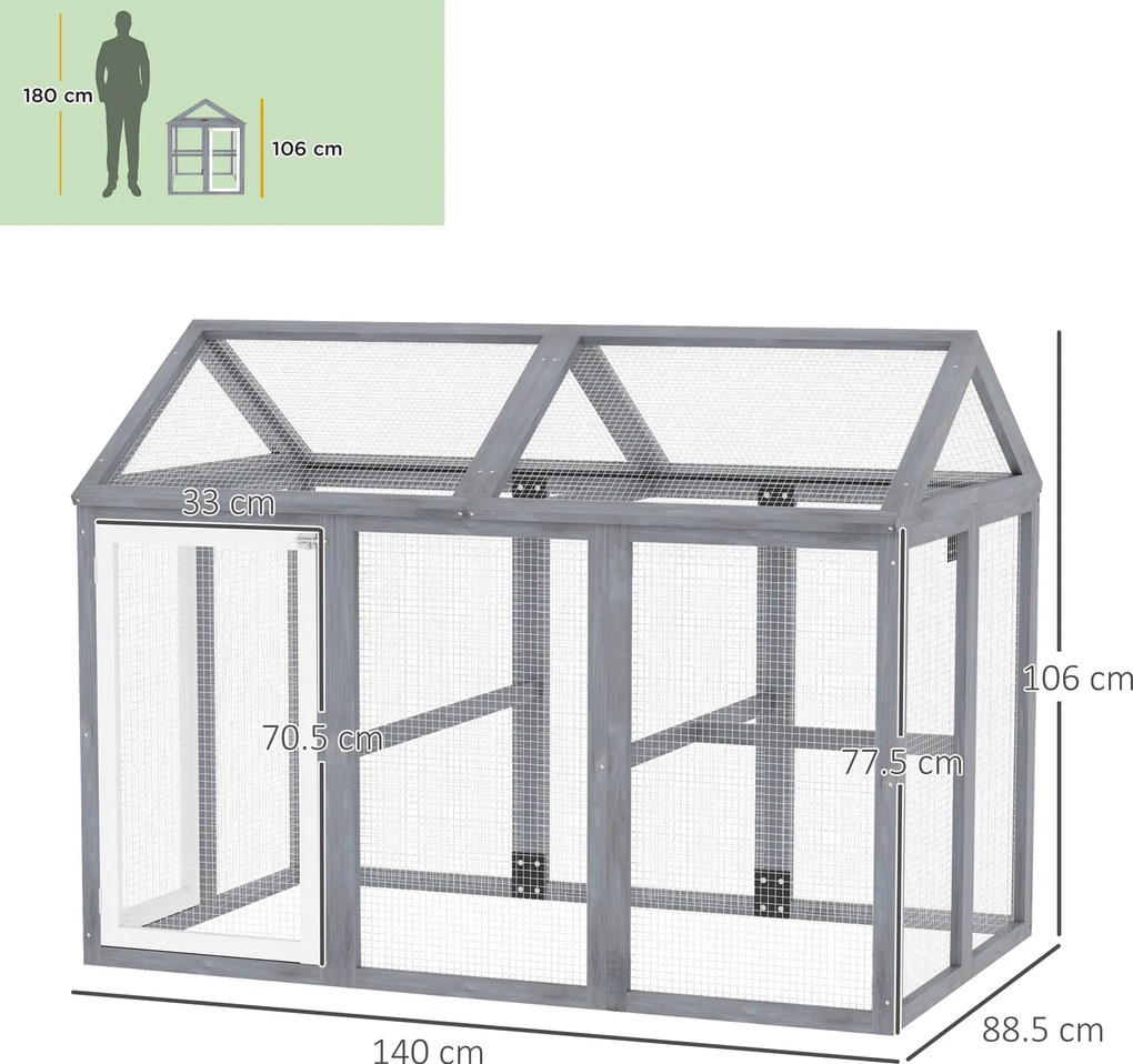 PawHut Incintă pentru găini 1,18 m², parc cu plasă și uși cu închidere, cadru din lemn masiv, 140 x 88,5 x 106 cm, gri | Aosom Romania