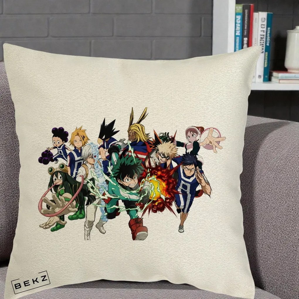 Perna Personalizata My Hero Academia Clasa 1-A Complet, 40x40 cm, Ecru, Husa Detasabila, Perna Inclusa, BEKZ®