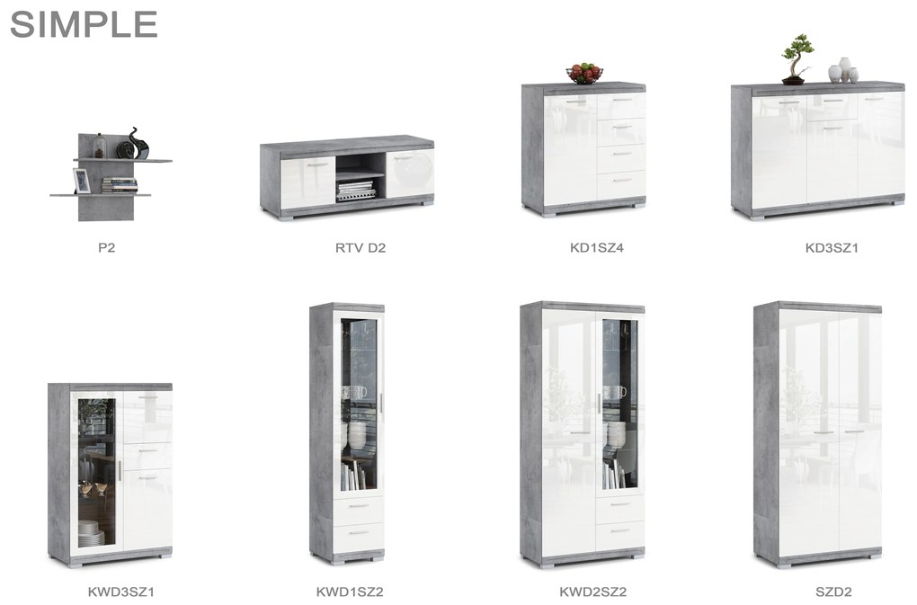 Mazzoni Comodă SIMPLE KWD3SZ1 Beton Millennium/Alb Luciu - VITRINA DULAP CU RAFTURI PENTRU LIVING STICLĂ CU LUCIU