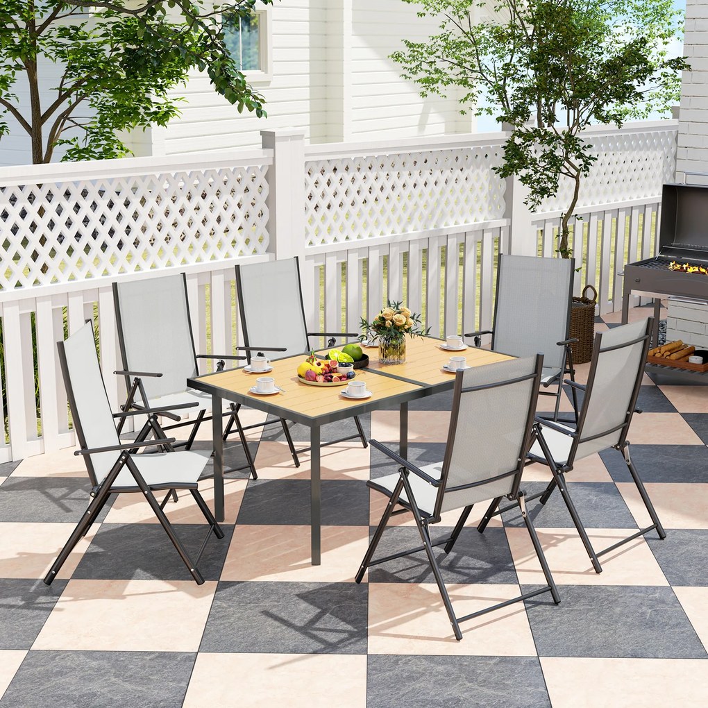 Outsunny Masă de luat masa pentru grădină pentru 6 persoane, masă de grădină cu blat din oțel cu aspect de lemn, 150 x 90 x 72 cm, lemn natural | Aosom Romania