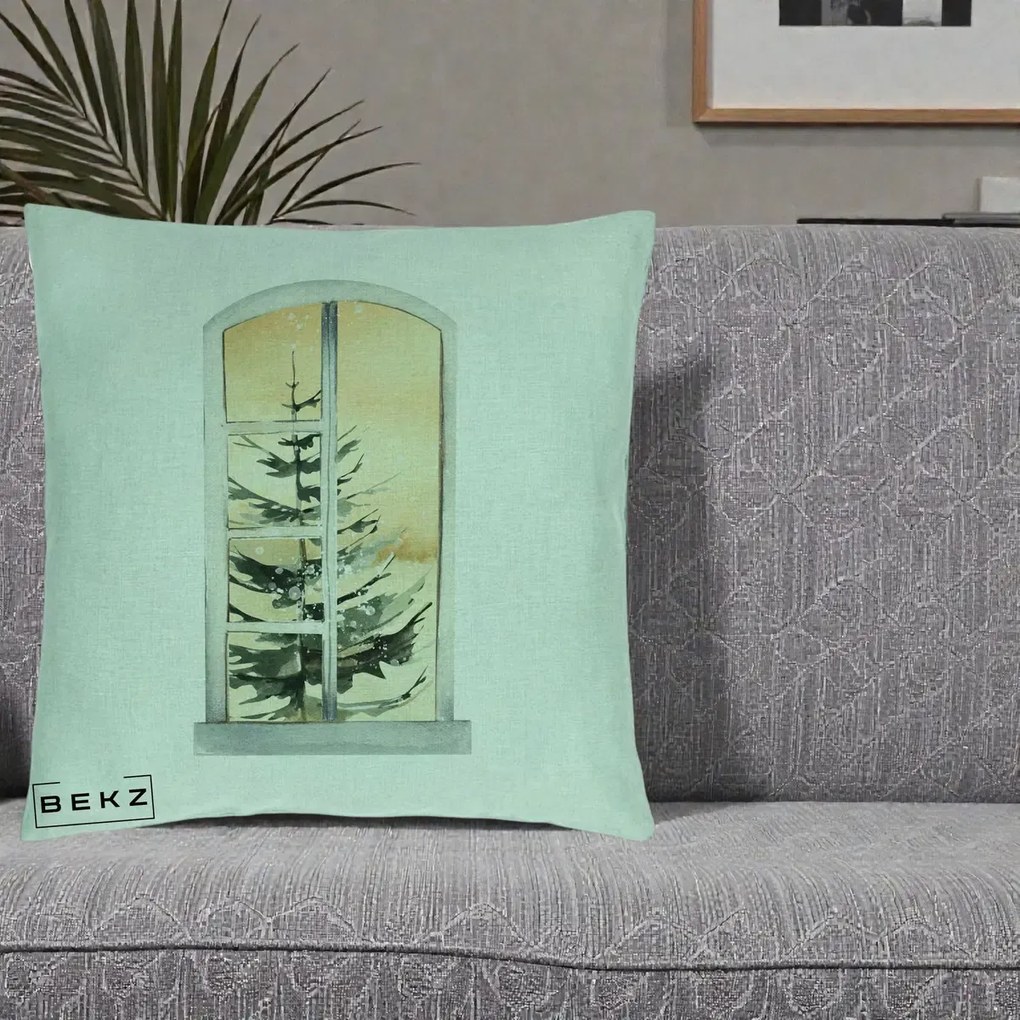 Perna Decorativa Fereastra cu Brad de Iarna, 40x40 cm, Verde Menta, Husa Detasabila, Perna Inclusa, BEKZ®