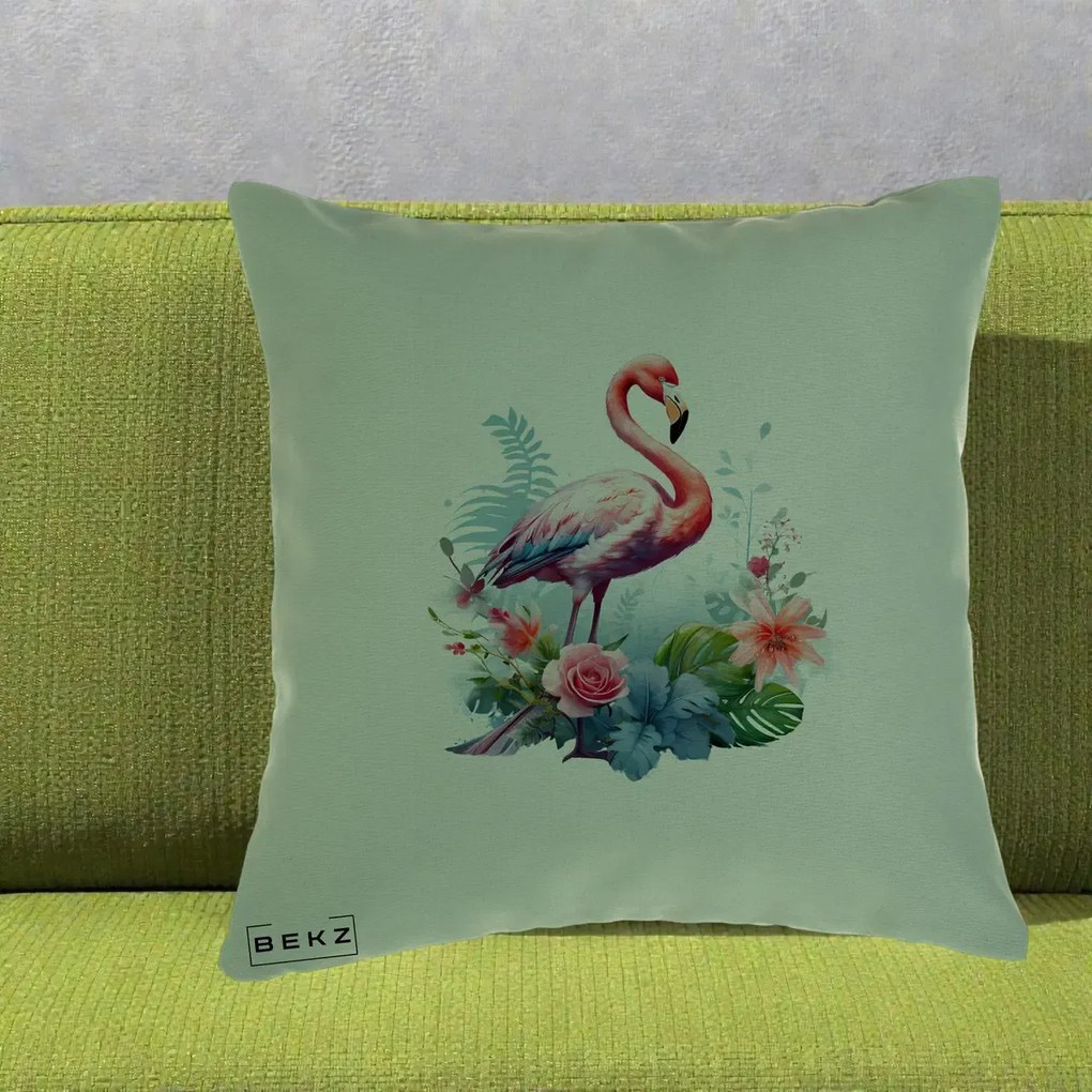 Perna Decorativa Flamingo cu Flori Tropicale Acuarela, 40x40 cm, Verde, Husa Detasabila, Perna Inclusa, BEKZ®