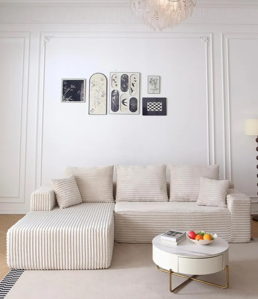 Canapea Colțar Premium Memory Foam HD 270x170x70 cm | Material Plusat Reiat cu Dungi Groase (Culoare: Crem)