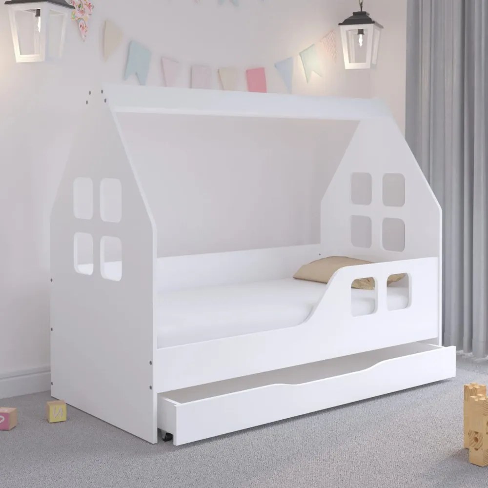 Pat fermecător pentru copii în formă de casă cu sertar inclus 160 x 80 cm