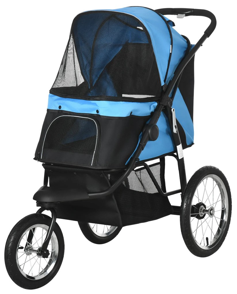 PawHut Hundevagn, pliabil, parasolar, ferestre de plasă, coș de depozitare, Albastru, 111 x 58 x 107 cm | Aosom Romania