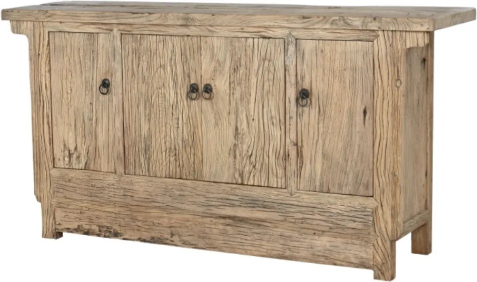 Bufet rustic din lemn de ulm reciclat, natur, cu 4 uși și mânere cu inel din metal, 90 x 177 x 46 cm, „Étable”