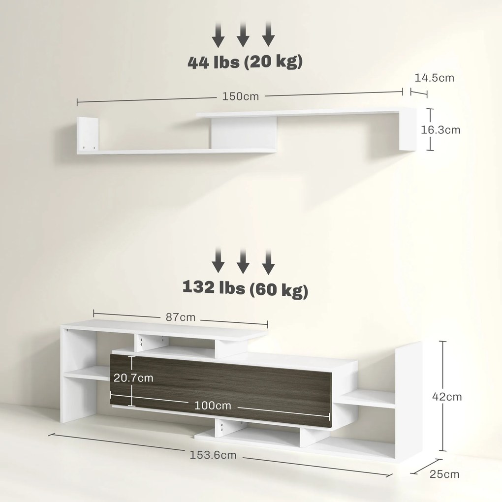 HOMCOM Mobilier TV cu Raft de Perete, Rafturi Deschise și Dulăpior din Lemn, Mobilier TV Modern, 153,6x25x42 cm, Alb | Aosom Romania