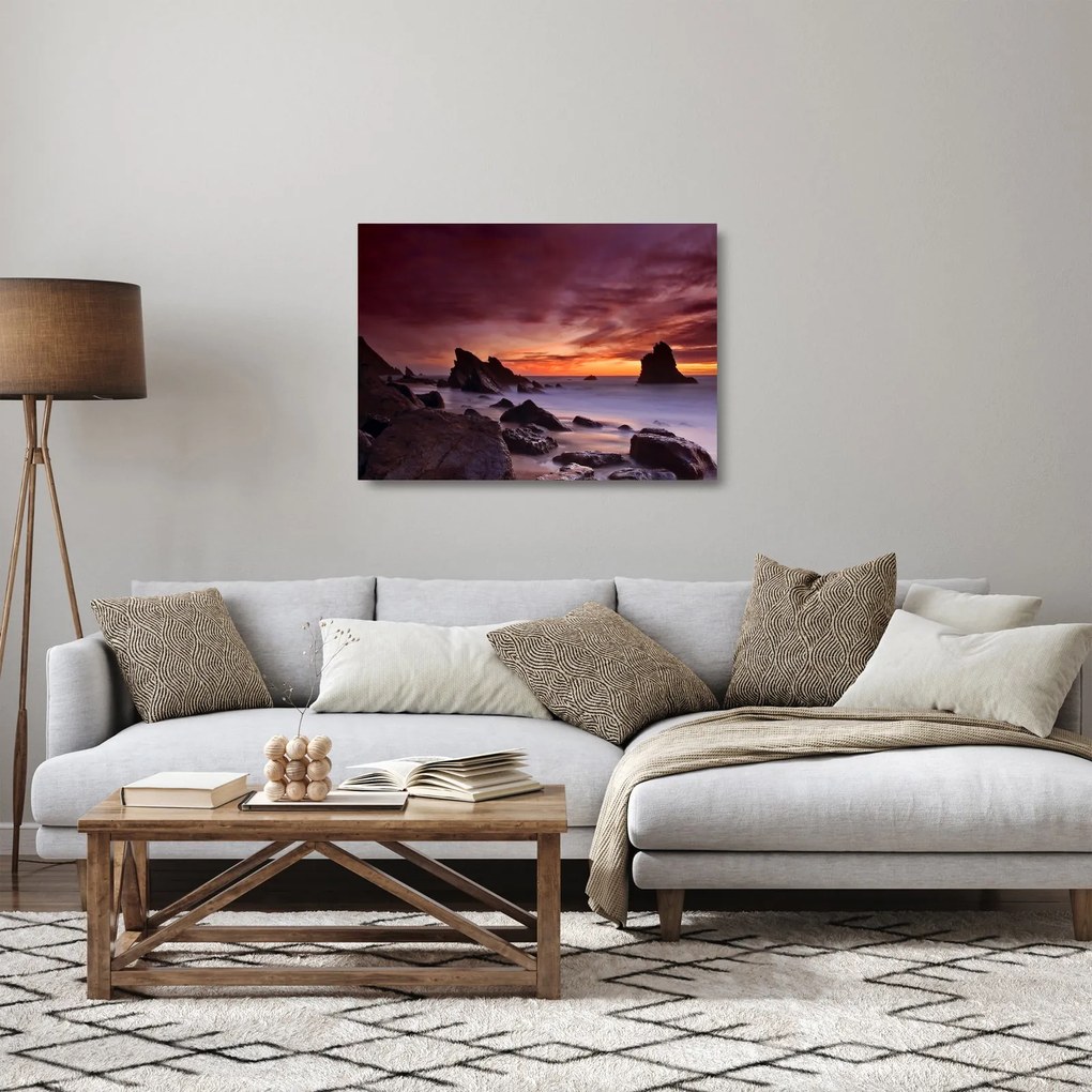 Tablou pe sticlă cu apus de soare pe mal (70x50 cm)