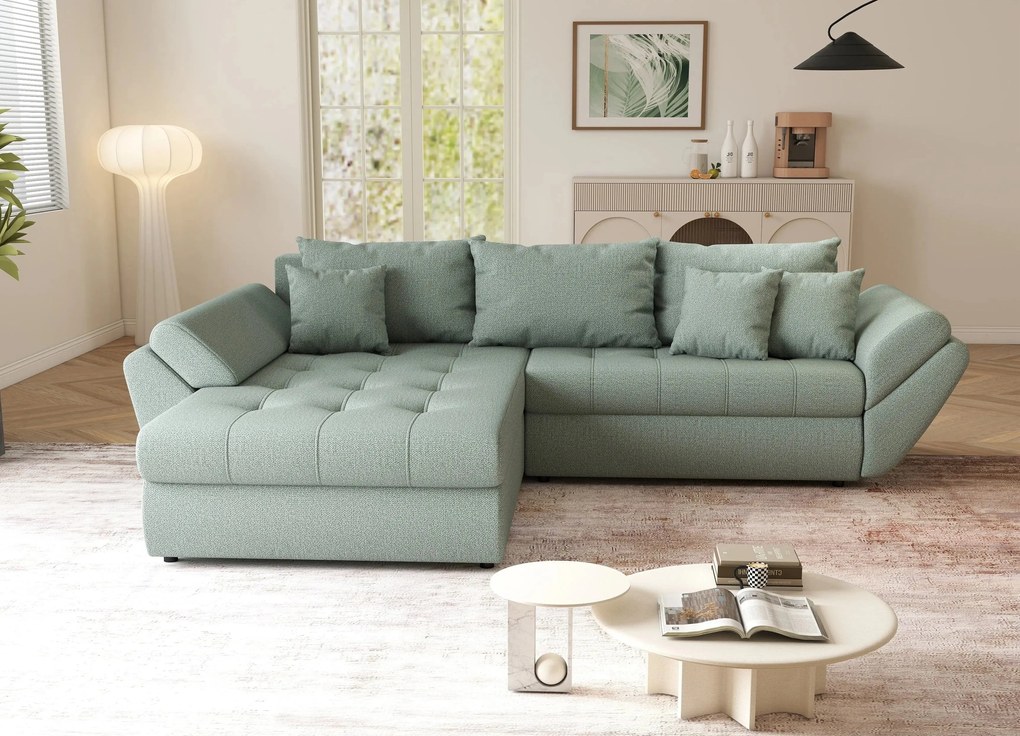 Colțar extensibil dumonde cu ladă de depozitare si sezut confortabil din spuma high-density, Loana Enjoy Mint 270x185 cm