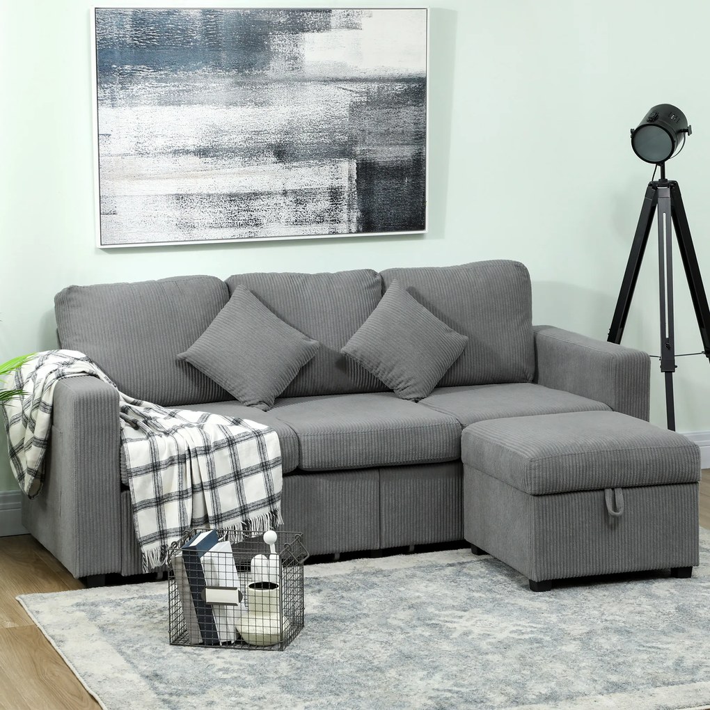 HOMCOM Divan 3 Locuri cu Pouf de Depozitare din Velur cu Nervuri 196x139x85 cm, Gri | Aosom Romania