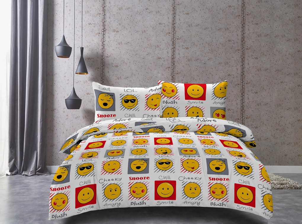 Lenjerie de pat din microfibra alba, EMOJI EMOTIONS Dimensiune lenjerie de pat: 2 buc 70 x 90 cm | 200 x 220 cm