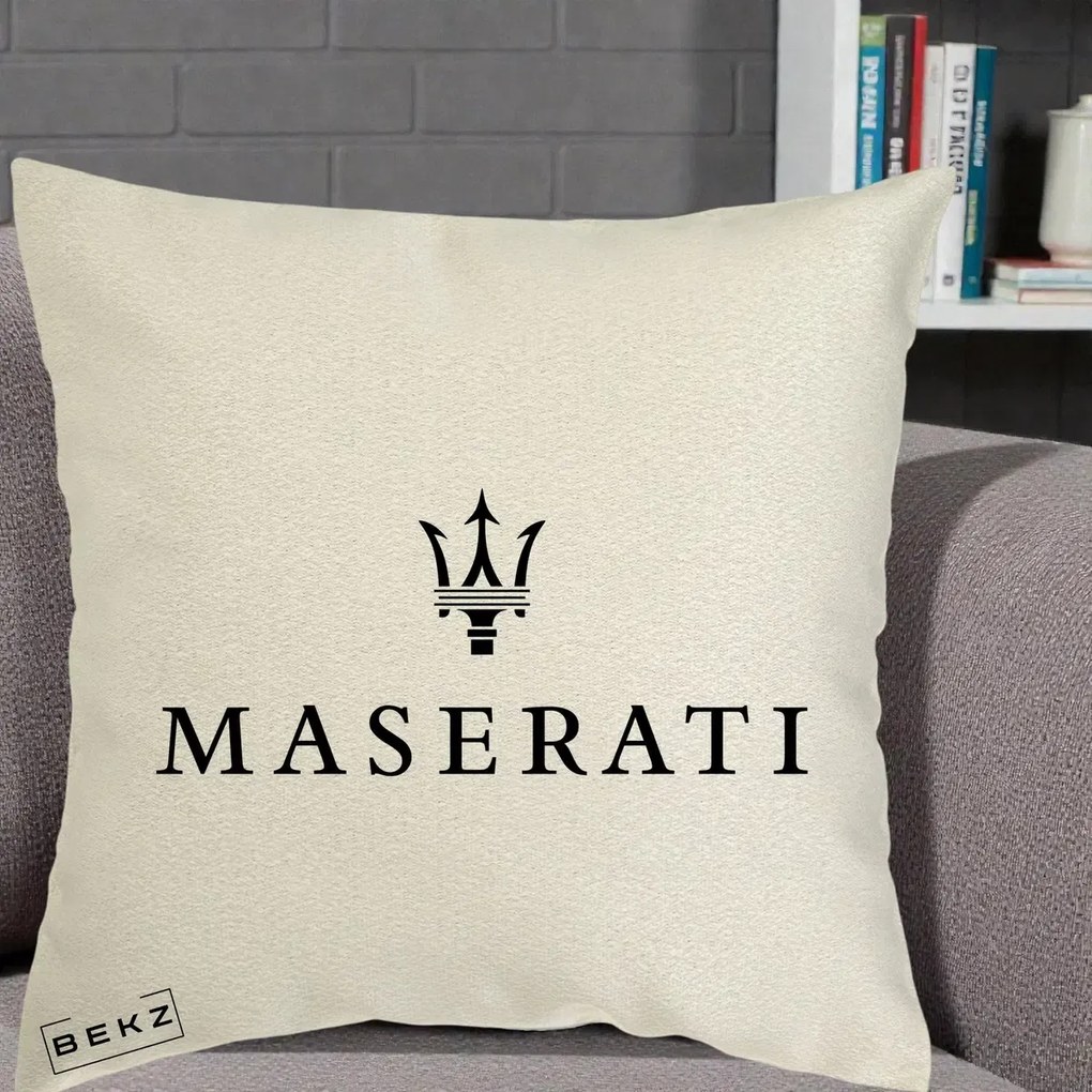 Perna Personalizata cu emblema Maserati, 40x40 cm, Ecru, Husa Detasabila, Perna Inclusa, BEKZ®