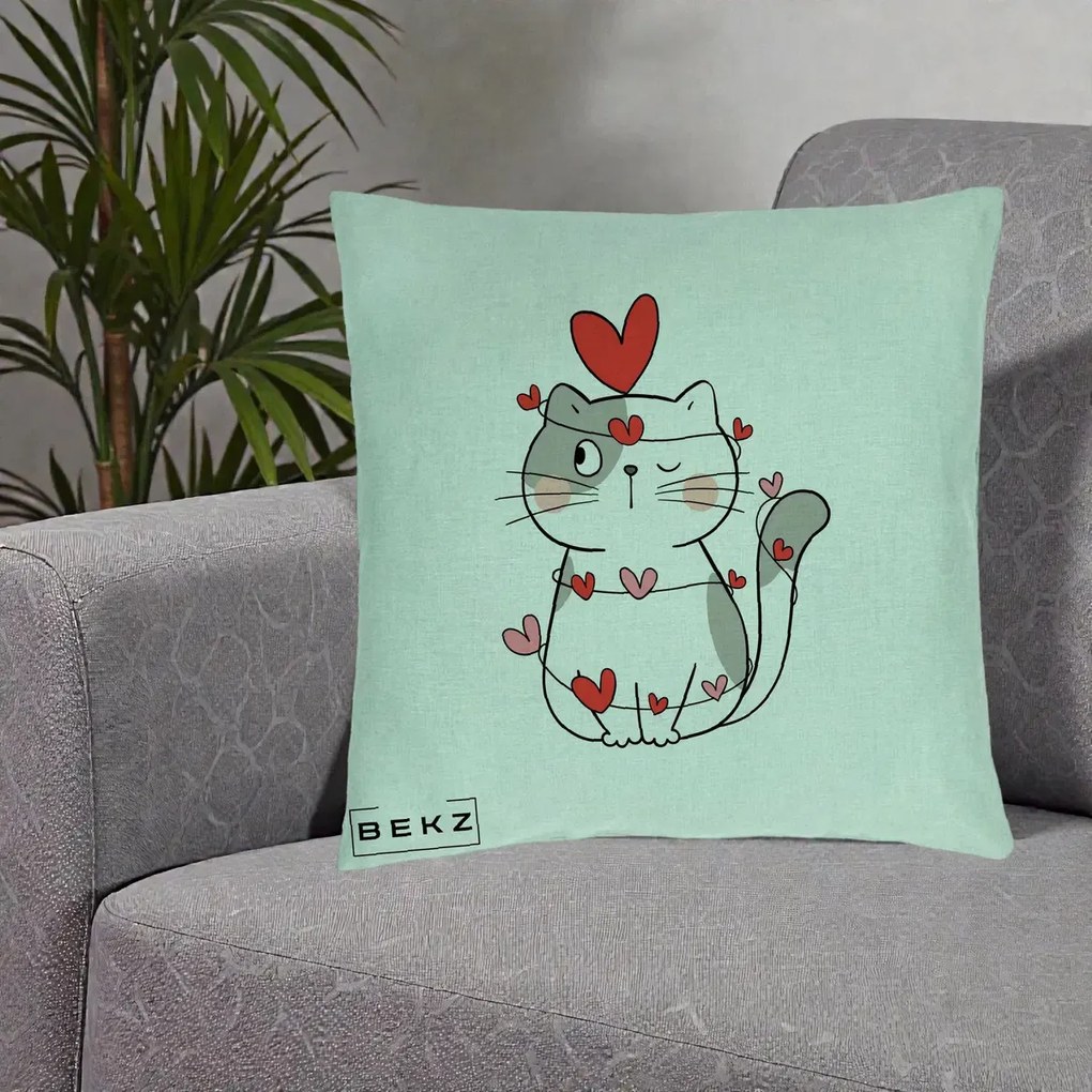Perna Decorativa Pisica Kawaii cu Inimi, 40x40 cm, Verde Menta, Husa Detasabila, Perna Inclusa, BEKZ®