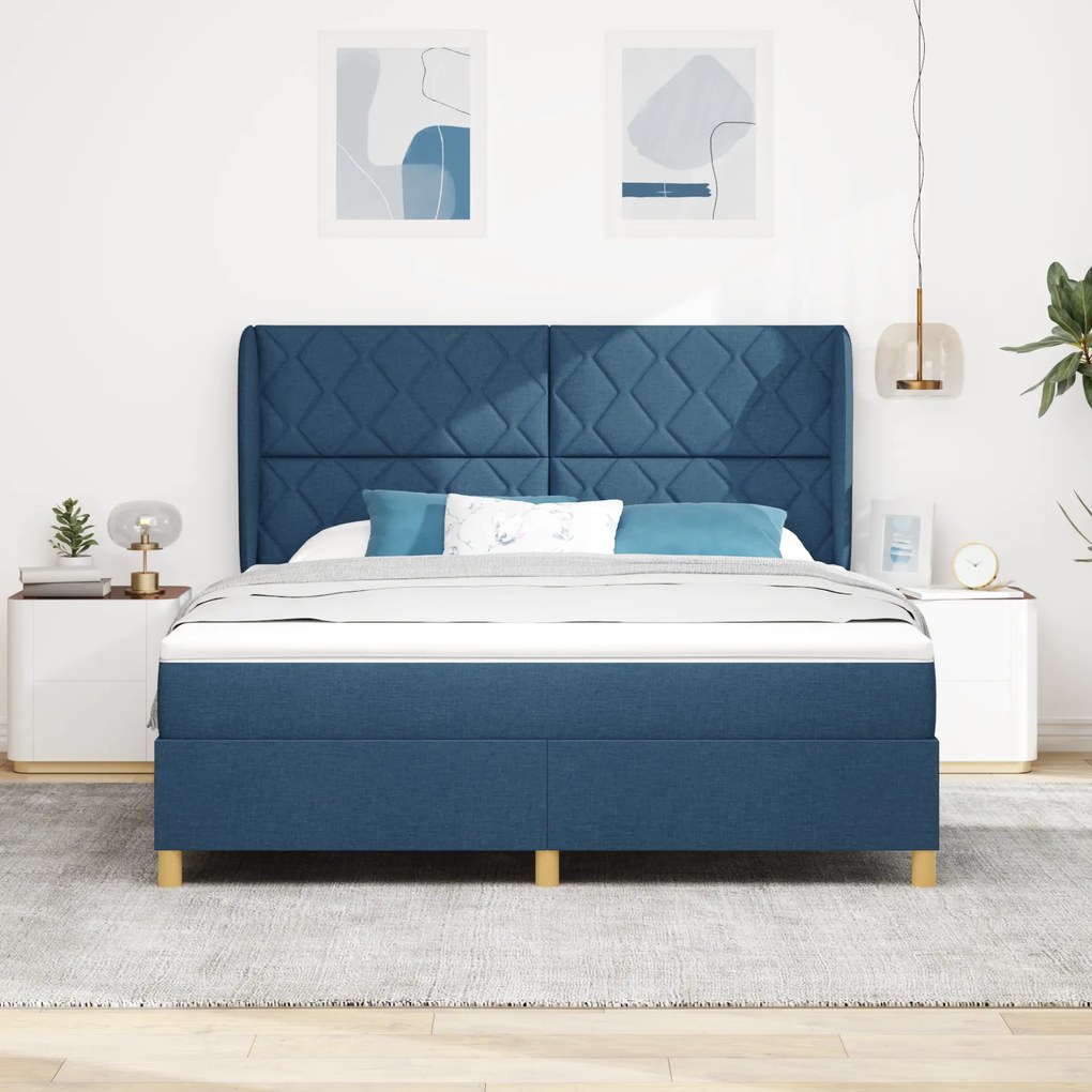 vidaXL Pat box spring cu saltea, albastru, 180x200 cm, textil