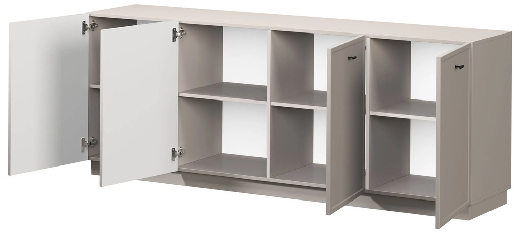 Comodă Lorini 200 cm cu 4 uși - cașmir / mânere negre T-bar