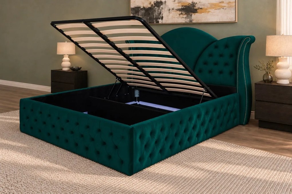Pat tapițat Chesterfield din catifea Velora Deluxe Classic 160×200 cm, verde, cu ladă de depozitare