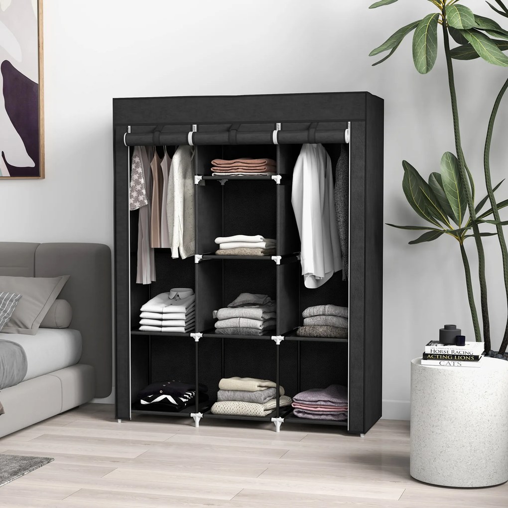 HOMCOM Dulap din Material Textil cu Bază Înălțată, 8 Rafturi și 2 Bare, 125x43x162.5 cm, Gri Închis | Aosom Romania
