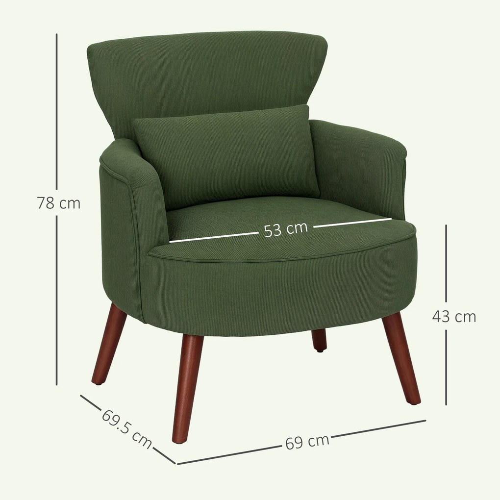 HOMCOM Fotoliu Capitonat cu Pernă și Șezut Gros, Fotoliu din Catifea cu Spătar și Picioare din Lemn, 69x69,5x78 cm, Verde | Aosom Romania