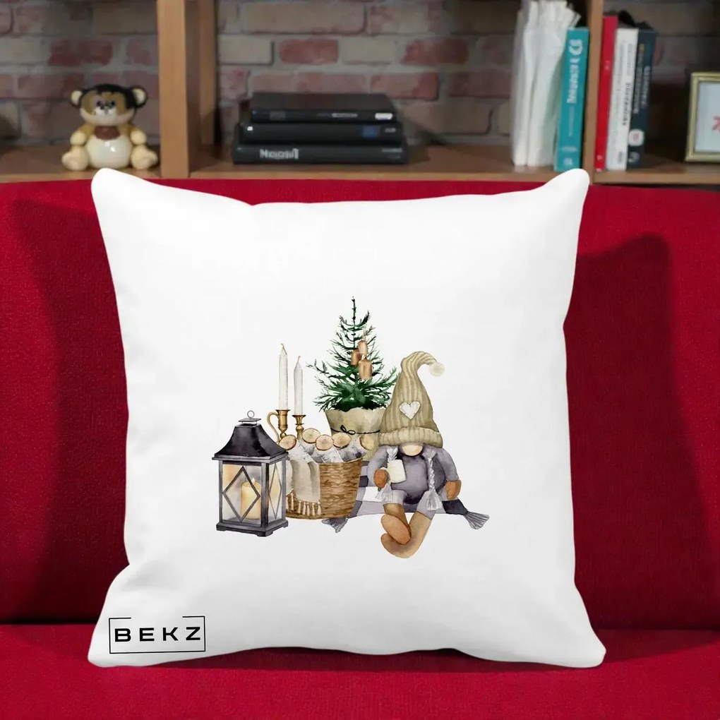 Perna Decorativa Gnom Scandinav cu Felinar, 40x40 cm, Alba Mata, Husa Detasabila, Perna Inclusa, BEKZ®