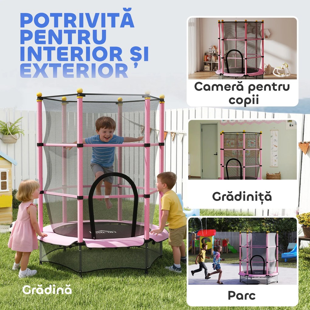 HOMCOM Trambolină Elastică pentru Copii 3-10 Ani cu Plasă de Siguranță și Țevi Capitonate, Ø140x190 cm, Roz | Aosom Romania