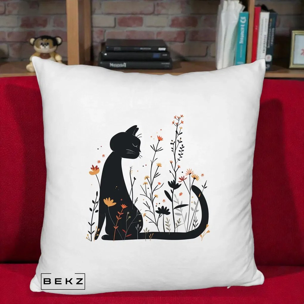 Perna Decorativa Pisica Neagra Flori Portocalii Silueta, 40x40 cm, Alb Pufos, Husa Detasabila, Perna Inclusa, BEKZ®