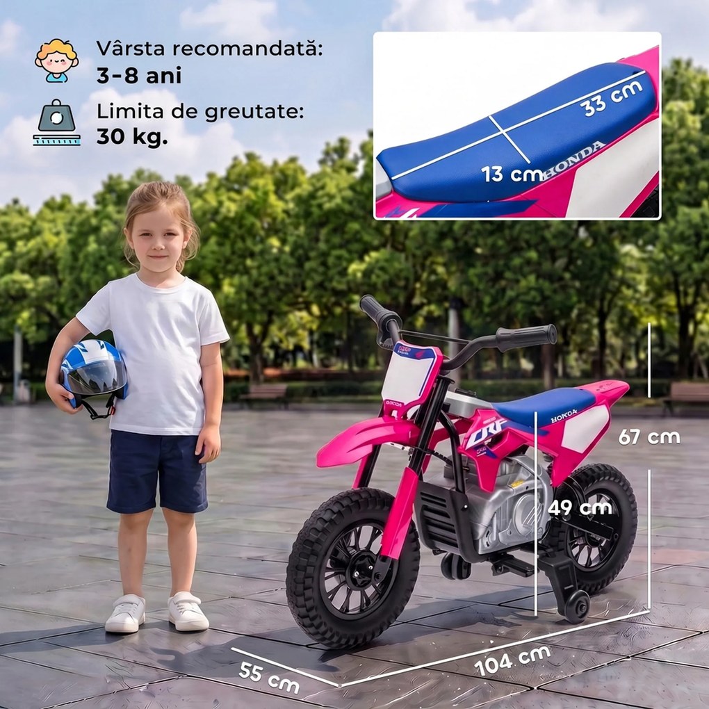 AIYAPLAY Motocicletă electrică pentru copii 3+ ani, licență Honda CRF 450R, 12V, baterie litiu, cu suspensii, roz | Aosom Romania