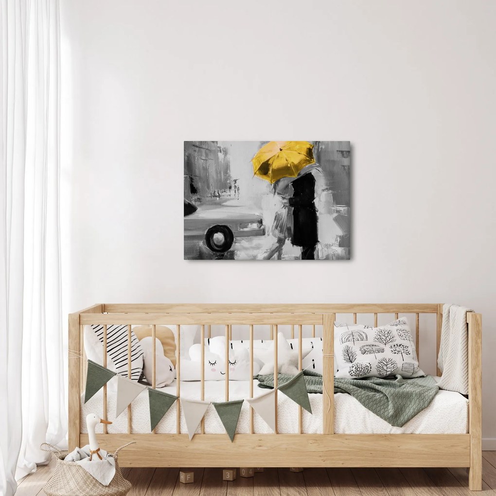 Tablou - Cuplu în dragoste sub o umbrelă, galben (70x50 cm)