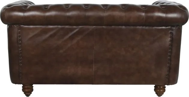 Canapea Chesterfield cu 2 locuri din piele, maro închis, spătar capitonat, brațe rulate și picioare cu rotile, 72 x 148 x 80 cm, „Yvoire”