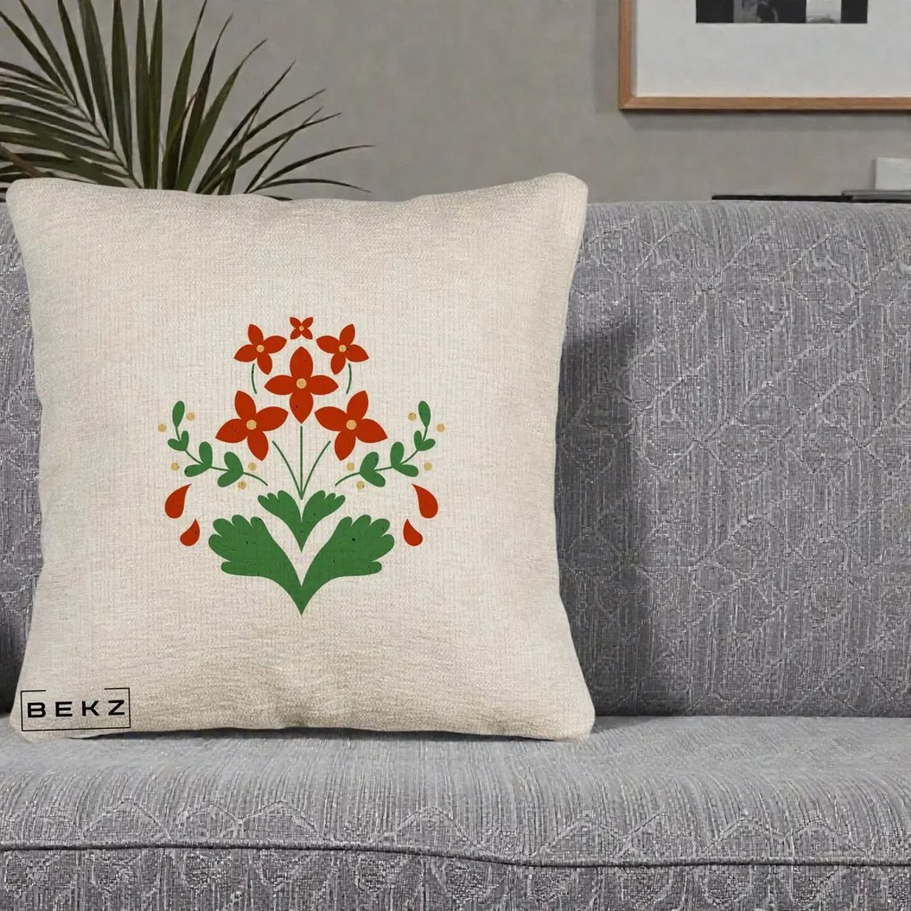 Perna Decorativa Buchet Floral Folk Rosu-Verde, 40x40 cm, Bej Canapea, Husa Detasabila, Perna Inclusa, BEKZ®
