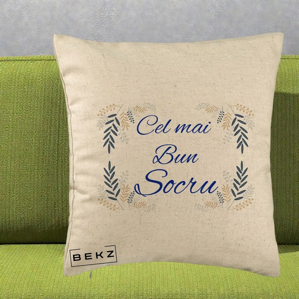 Cadou pentru Socru - Perna Personalizata Cel mai Bun Socru cu Ramuri Frunze Albastre si Aurii, 40x40 cm, Bej, Husa Detasabila, Perna Inclusa, BEKZ®