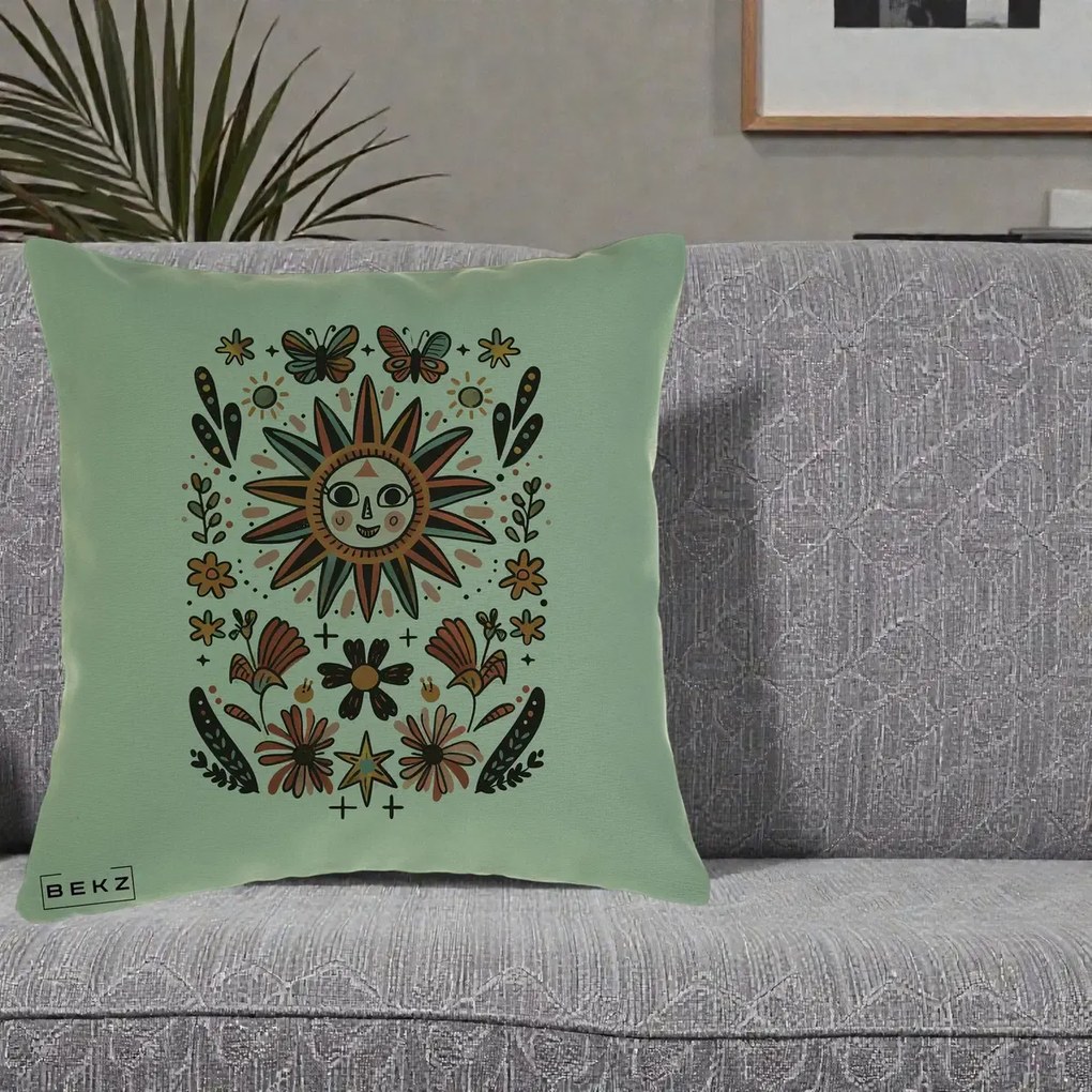 Perna Decorativa Soare Boho Folk Fluturi, 40x40 cm, Verde, Husa Detasabila, Perna Inclusa, BEKZ®