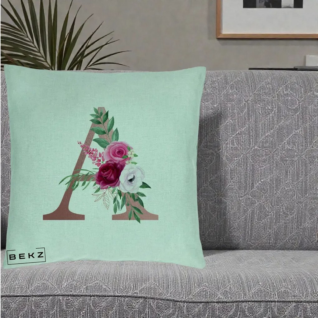 Cadou Personalizat - Perna Personalizata Monograma Rose Gold Litera A, 40x40 cm, Verde Menta, Husa Detasabila, Perna Inclusa, BEKZ®
