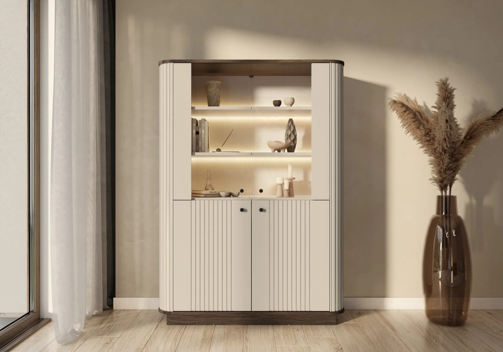Vitrină Vesper 103 cm cu 4 uși - cașmir / nuc / mânere negre