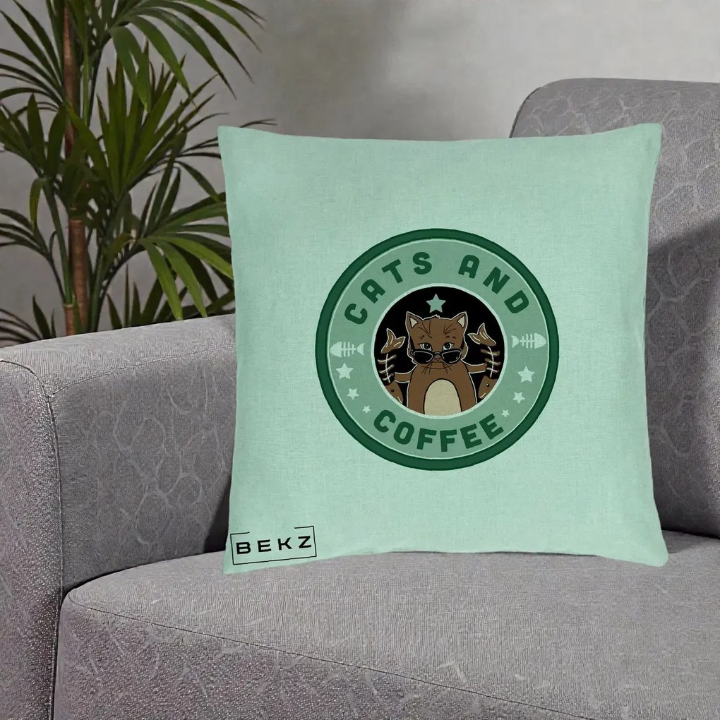 Perna Personalizata Cats and Coffee Starbucks, 40x40 cm, Verde Menta, Husa Detasabila, Perna Inclusa, BEKZ®