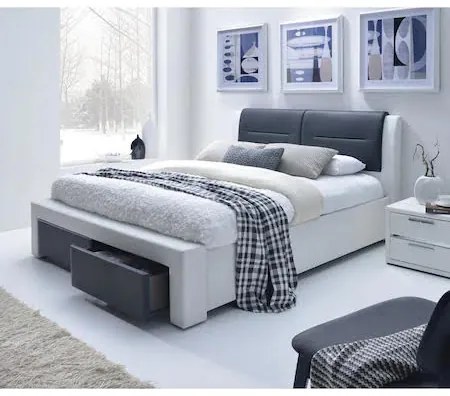 PAT AIDA 3 DUBLU, TAPITAT CU PIELE ECOLOGICA ALBA/GRI INCHIS, ASPECT MODERN, 2 SERTARE DEPOZITARE 160 X 200 CM, SALTEA INCLUSA