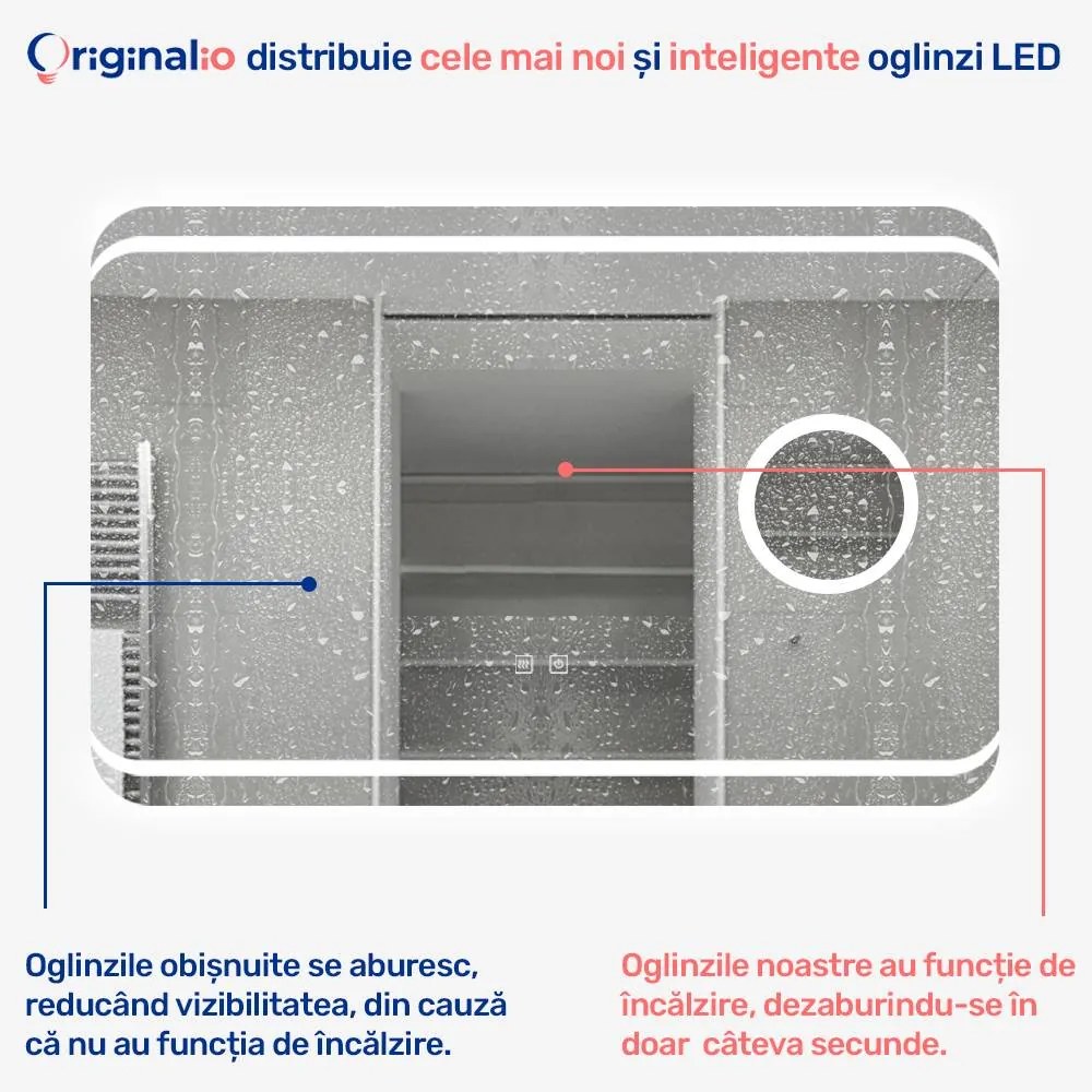 Oglindă LED Dreptunghiulară (90x60 cm), 3 Moduri Iluminare (Lumină Rece, Naturală, Caldă), Intensitate Reglabilă, Funcție Dezaburire, Lupă Cosmetică, Control Tactil (Touch)