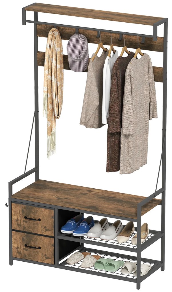 HOMCOM Suport pentru haine 6-în-1 cu raft pentru pantofi, stil industrial, 10 cârlige, 2 sertare textile, metal, maro | Aosom Romania