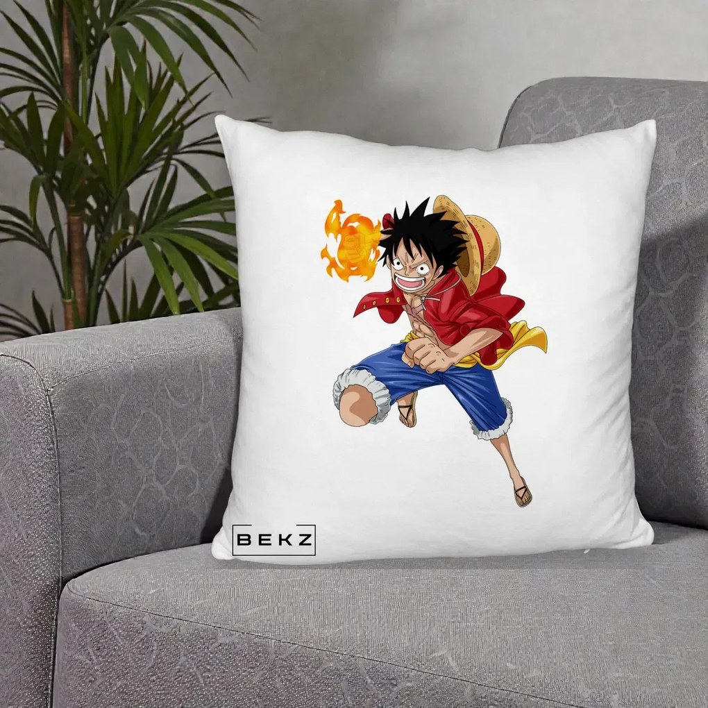 Perna Personalizata One Piece Luffy Gear Second Foc, 40x40 cm, Alb Pufos, Husa Detasabila, Perna Inclusa, BEKZ®