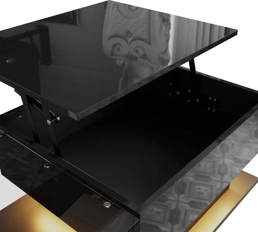 Masă de cafea cu înălțime reglabilă, cu sticlă și bandă LED, 100x50x33/47,5 cm, Negru