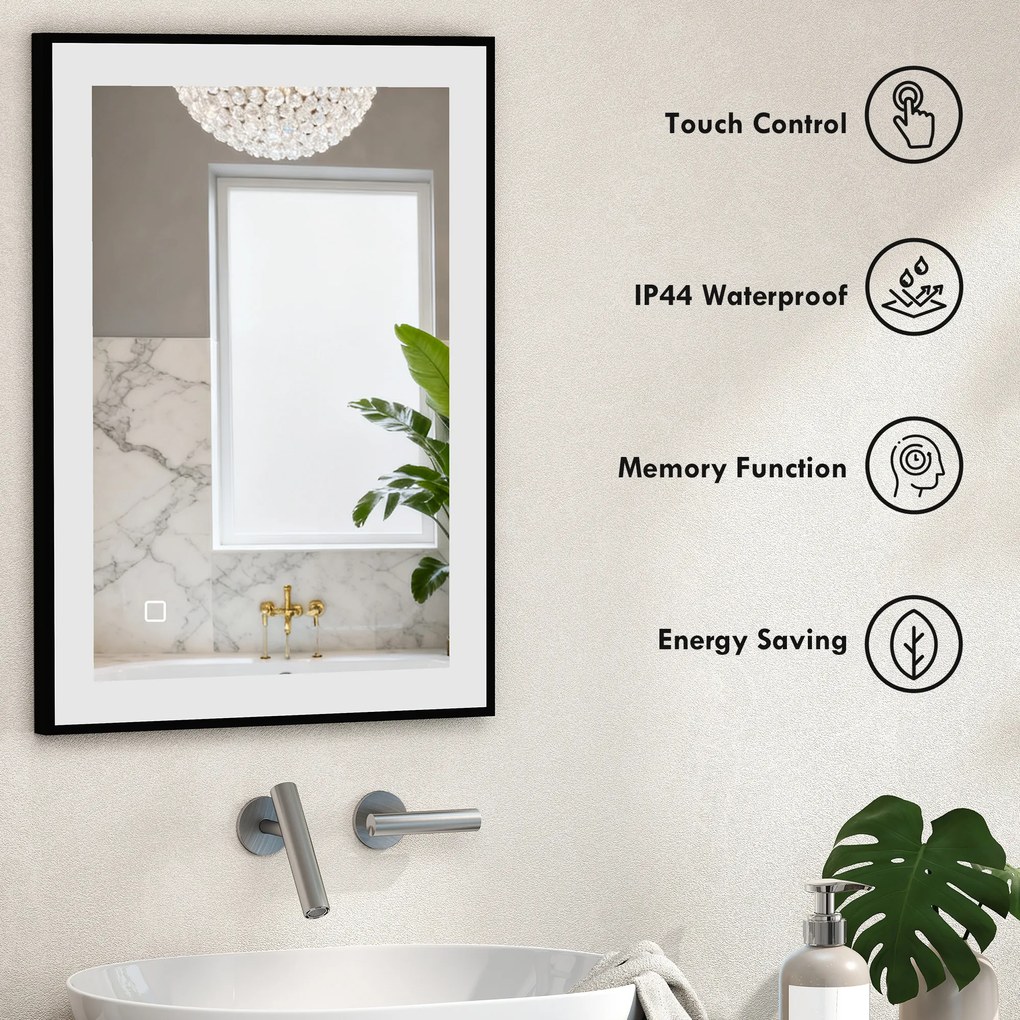 HOMCOM Oglinda LED pentru Baie cu 3 Temperaturi și Lumină cu Intensitate Reglabilă, 70x3x50 cm, Negru | Aosom Romania