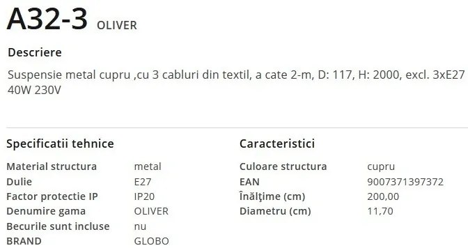 Lustra cu 3 pendule design minimalist OLIVER
