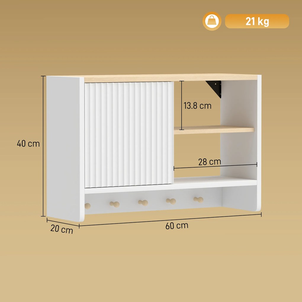 HOMCOM Dulap de perete pentru baie, corp de depozitare pentru baie cu ușă, polițe deschise și 5 cârlige | Aosom Romania
